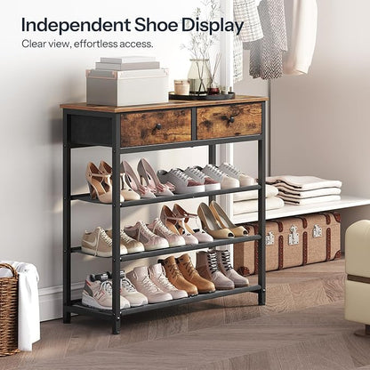 HOOBRO Shoe Rack, 4 Tier Shoe Storage Organizer with 2 Non-Woven Drawers, 9-12 Pairs of Shoes for Entryway, Shoe Shelf with 3 Oxford Fabric Shelves and Wooden Top, Closet, Rustic Brown BF77XJ01