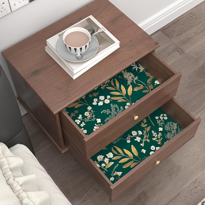 Dark Green Floral Wallpaper Peel and Stick Green Golden Leaf Wallpaper Vintage Floral Contact Paper Waterproof Self Adhesive Boho Delicate Wall Paper for Cabinet Rooms Walls Locker 17.5