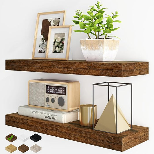 Fun Memories Floating Shelves for Wall, 24Inch Floating Shelves Set of 2, Hanging Shelf with Invisible Brackets, Wood Shelves for Living Room, Bedroom, Kitchen, Brown
