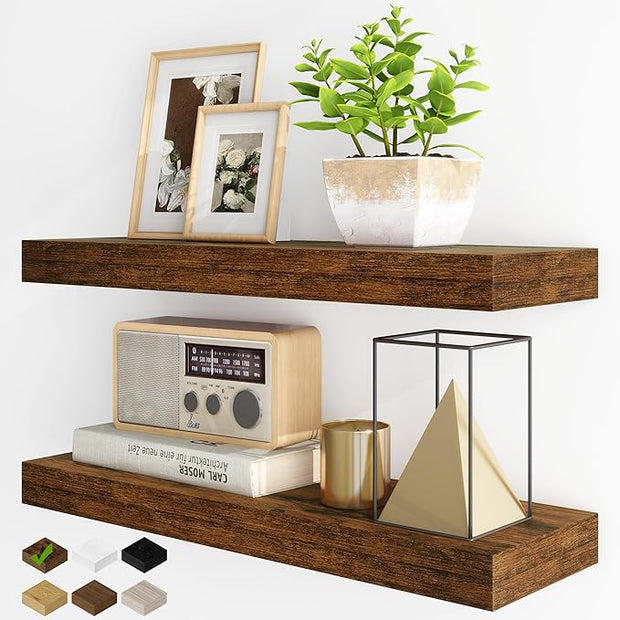Fun Memories Floating Shelves for Wall, 24Inch Floating Shelves Set of 2, Hanging Shelf with Invisible Brackets, Wood Shelves for Living Room, Bedroom, Kitchen, Brown