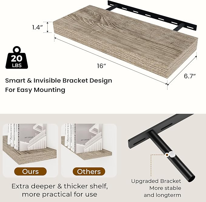 Dreamland 16 Inches Floating Shelves for Wall,6.7 Inch Deep Floating Shelves Set of 2, Large Display & Storage Shelf, Wall Shelf for Bathroom Bedroom Living Room Kitchen Office,Grey