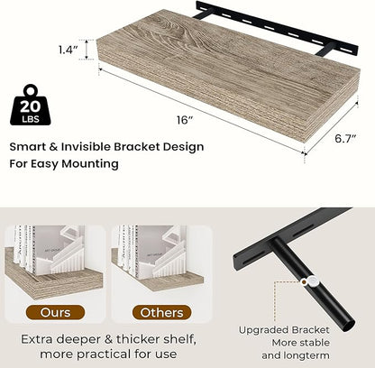 Dreamland 16 Inches Floating Shelves for Wall,6.7 Inch Deep Floating Shelves Set of 2, Large Display & Storage Shelf, Wall Shelf for Bathroom Bedroom Living Room Kitchen Office,Grey