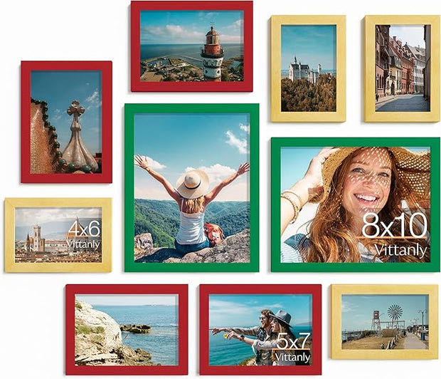 Vittanly Picture Frames Set of 10, Picture Frames Collage Wall Decor with Two 8x10, Four 5x7 and Four 4x6 Photo Frames, Gallery Wall Frame Set for Wall or Tabletop Display, Green, Red and Gold