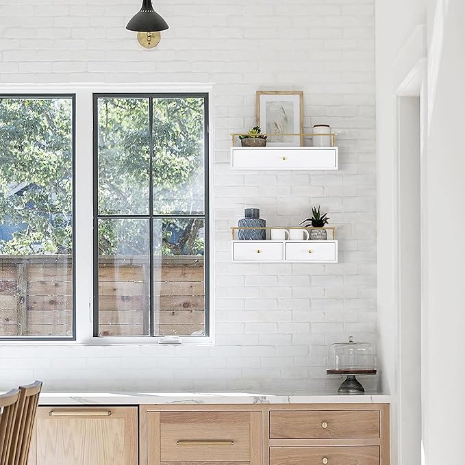 Floating Shelves With Drawers Set of 2, Wall Mounted Bathroom Storage, Rustic Wood Shelves for Bedroom, Living Room, Kitchen, Home Decor, Plants, Books (White)