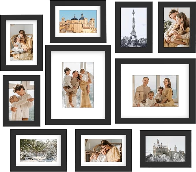 FrameWorks 10-pc Set Collage Wall Classic Wooden Picture Frames Tempered Glass/Black / 2-8