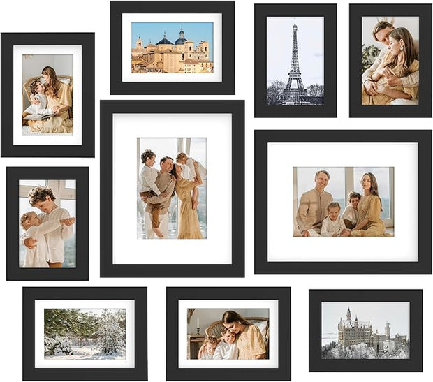 FrameWorks 10-pc Set Collage Wall Classic Wooden Picture Frames Tempered Glass/Black / 2-8"x10", 4-5"x7", 4-4"x6"