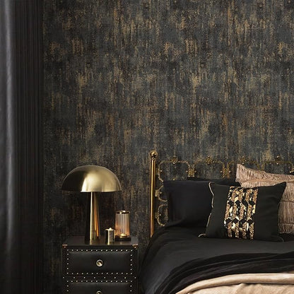 Simon&Siff Black and Gold Textured Wallpaper Distressed Industrial Metallic Wallpaper 17.3in x 39.4ft Non Woven Wall Paper for Bedroom Livingroom 3D Embossed Traditional Wall Paper Non-Pasted