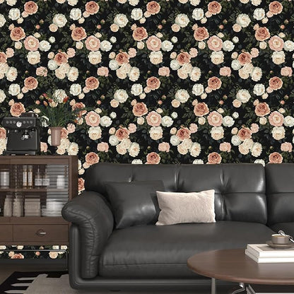 Pink White Rose Peony Wallpaper Peel and Stick Black Floral 17.5in x 393in Vintage Flower Contact Paper Boho Vinyl Waterproof Self Adhesive Flower Botanical Wall Paper for Bathroom Cabinet Decor