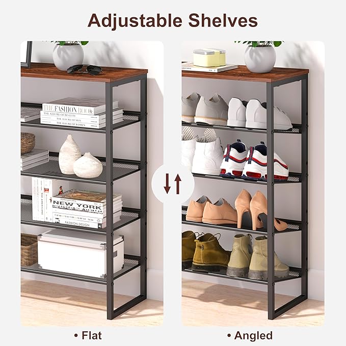 Shoe Rack - Sturdy Steel Shoe Organizer for Front Door Entrance Closet Entryway with Spacious Top - Industrial Style Strong Mesh Storage Shelves (5-Tier 11.8