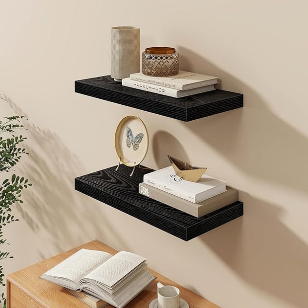 Fun Memories Black Floating Shelves 24 Inch Long, 9.3 Inch Deep Floating Shelf for Lving Room, Bedoom, Kitchen, Deep Wall Shelves for Bathroom, 2 Pack Storage Display Shelf for Books, Decors