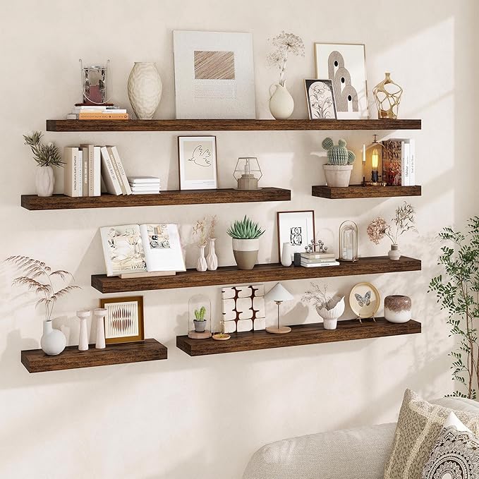 Fun Memories Floating Shelves for Wall, 20Inch Floating Shelves Set of 2, Hanging Shelf with Invisible Brackets, Wood Shelves for Living Room, Bedroom, Kitchen, Brown