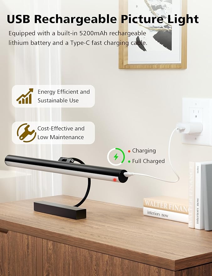 VOLISUN Picture Lights for Wall, 16 inch Rechargable Picture Light Battery Operated, 3 Color Temperatures Cordless Picture Light with Remote, Art Light for Paintings, Gallery, Portrait, 1 Pack (Black)