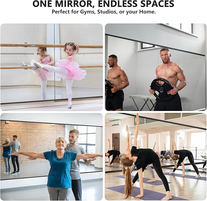 Home Gym Mirror for Wall,48x28x2PCS Full Length,Glass Frameless Body Large Mirror for Home Gym,Workout,Bedroom,Garage(Black)