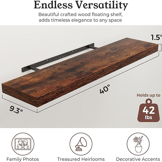 Floating Shelves for Wall, 9.3" Deep Wall Mounted Wood Shelves for Bathroom, Bedroom, Living Room, Kitchen, Hanging Shelf for Books/Storage/Room Decor (Brown, 40")