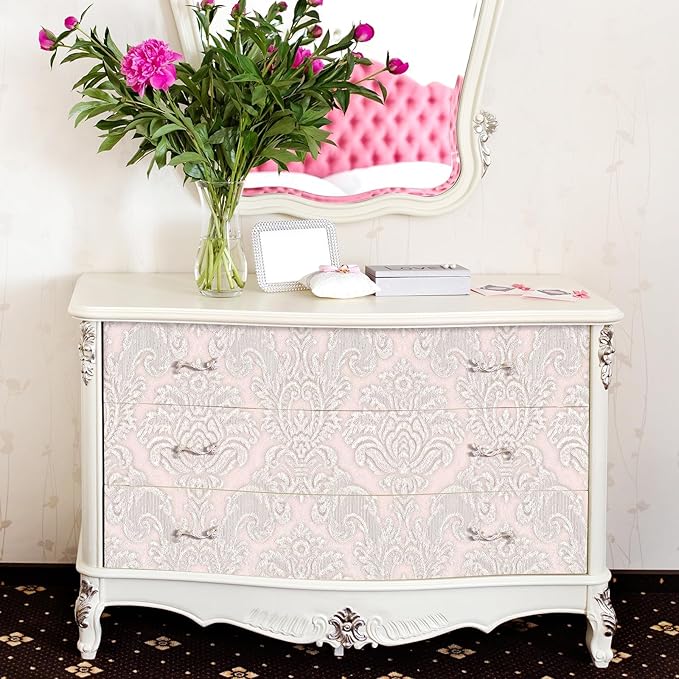 FunStick 24"x200" Vintage Pink Damask Floral Peel and Stick Wallpaper Textured Victorian Embossed Flower Wallpaper for Bedroom Girls Room Nursery Walls Self Adhesive Contact Paper for Cabinets Drawers