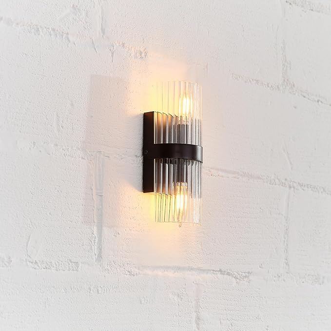 GLOBE Electric 65000050 2-Light Wall Sconce, Matte Black, Ribbed Glass Shade, E12 Base Sockets, Lights for Living Room, Home Decor, Lighting, Mounted Bedside Lamp