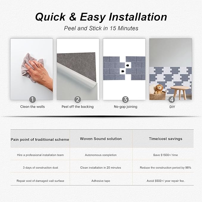 WoveN SounD Brick Acoustic Wall Panels Seamless Visual, High Density, Sound Proof Wall Decor, Noise Blocker Felt Wall Tiles for Home, Studio, Office & Focus Zones (Moon Gray), 16x12x0.4 Inch