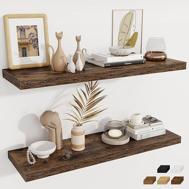 Fun Memories 12 Deep Floating Shelves, 40W x 12D Floating Shelves for Wall Set of 2, Extra Deeper Hanging Wood Shelves for Wall for Living Room Kitchen Laundry Room Kitchen Home Office - Rustic Brown