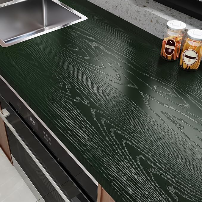 Wallercity Blackish-Green Wood Grain Contact Paper for Cabinets Dark Green Textured Wood Wallpaper Peel and Stick Countertops Vinyl Waterproof Wooden Wall Paper for Countertop Desk Table 15.8''x236''
