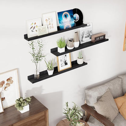 RICHFOCUS Floating Shelves for Wall, 36 inch Solid Wood Picture Ledge Shelf for Wall Storage, Nursery Book Shelves with Lip for Living Room Bathroom Bedroom Kitchen, Set of 3, Distressed Black