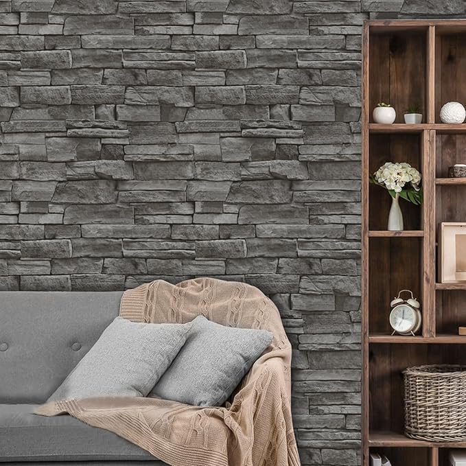 Abyssaly Dark Grey Stone Brick Wallpaper Peel and Stick Backsplash 17.71" X 118" Self-Adhesive Removable Contact Paper Stick on Wall Panels Faux 3D Stone Look Brick Shelf Paper Home Decorations