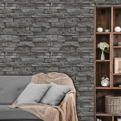 Abyssaly Dark Grey Stone Brick Wallpaper Peel and Stick Backsplash 17.71" X 118" Self-Adhesive Removable Contact Paper Stick on Wall Panels Faux 3D Stone Look Brick Shelf Paper Home Decorations