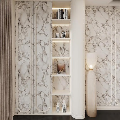JSEVEM 31"×157" Extra Wide Thick White Grey Marble Wallpaper Peel and Stick Glossy Textured Cream Gray Granite Contact Paper Vinyl DIY Waterproof Wall Tile Sticker for Kitchen Bedroom Bathroom Walls