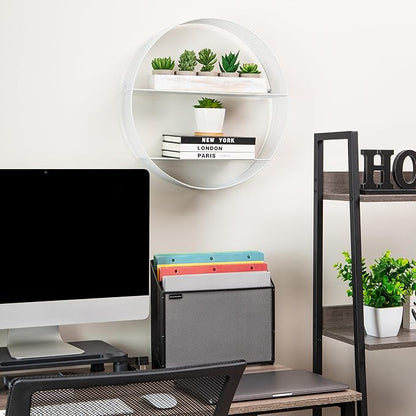 Mind Reader Circular Floating Shelves, Wall Decor, Accent Shelf, Office, Bathroom, Metal Mesh, 18" L x 4" W x 18" H, White
