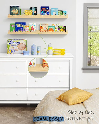 Scalloped Nursery Bookshelf Wall Mounted 4-Pack, Natural Wood Floating Book Shelves for Wall, Cloud Wall Mount Bookshelves for Kids Bedroom, Baby Children Toddler Room (Natural Pine Wood)