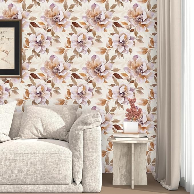 Purple Floral Peel and Stick Wallpaper Watercolor Contact Paper 17.5" × 118" Waterproof Vinyl Self Adhesive Vintage Brown Flower Wall Paper for Bedroom Walls Cabinet Locker Decor