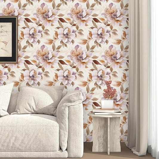 Purple Floral Peel and Stick Wallpaper Watercolor Contact Paper 17.5" × 118" Waterproof Vinyl Self Adhesive Vintage Brown Flower Wall Paper for Bedroom Walls Cabinet Locker Decor