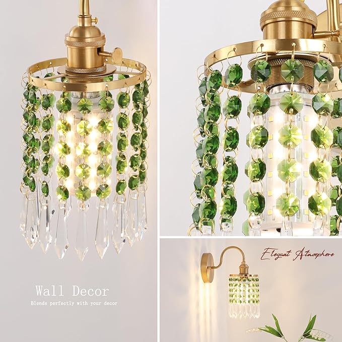 Set of 2 Crystal Battery Operated Wall Sconce, Rechargeable Battery Powered Wall Lamp with Remote Control, Modern Dimmable Wall Lights for Bedroom Bathroom(Green, Gold Base)
