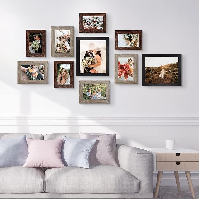 LUCKYLIFE Picture Frames Collage Wall Decor 10-Pack, Gallery Wall Frame Set with 8x10 5x7 4x6 Frames in 3 Different Finishes