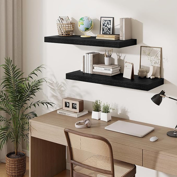 Fun Memories 12" Deep Floating Shelves for Wall, 36" W x 12" D Floating Shelves, Long Wood Floating Wall Shelf for Living Room Bathroom Bedroom Kitchen, Black, Set of 2