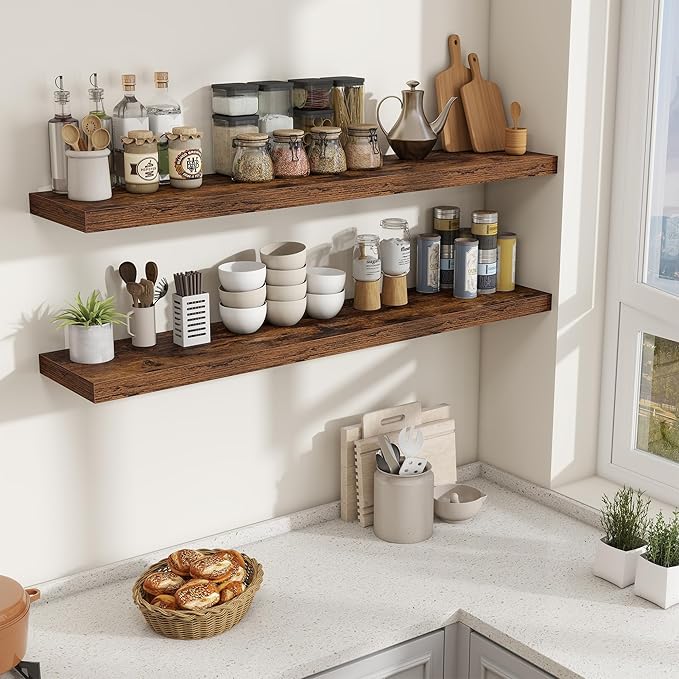 Fun Memories 55 Inch Fireplace Mantel Shelf, 10 Inch Deep Shelves for Display & Wall Storage, Rustic Wood Wall Shelf, Extra Long Floating Shelves for Living Room Laundry Room, Rustic Brown, Set of 1