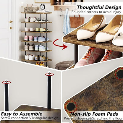 AZERPIAN Shoe Rack 9 Tier Vertical Storage Organizer Double Row Narrow Metal Slim Shelf Modern Free Standing Shoe Tower Saving Space for Closet Entryway Bedroom,Black+Rustic Brown