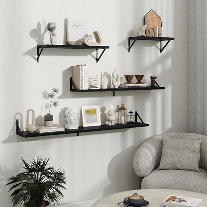 Floating Shelves, 8 Inch Deep Rustic Wood Wall Storage, 16W x 8D Wall Shelves Set of 2, Heavy Duty Metal Brackets, Industrial Book Shelf for Living Room, Kitchen, Bathroom, Bedroom, Black