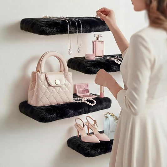 2 Pack Floating Shelves for Wall, Shelf with Fluffy Soft Black Shag Cover, Wall Mounted Shelves for Bedroom, Living Room, Suitable for storing valuable collectibles, bags, jewelry, high heels