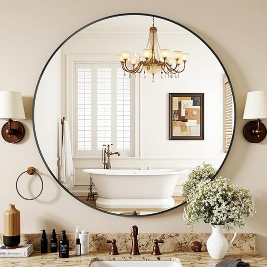 Antok 30 Inch Round Mirror for Wall, Round Bathroom Mirror, Circle Wall Mirrors with Black Metal Frame, Circle Mirrors Suitable for Wall, Bathroom, Vanity, Living Room, Entryway