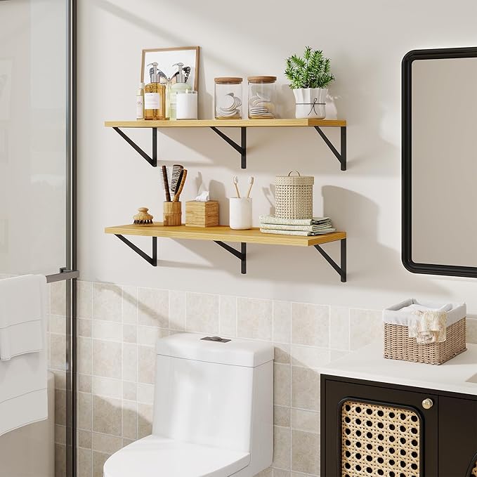 Floating Shelf for Wall,32" WX10 D Wood Floating Shelves with Sturdy Metal Bracket Set of 2,Wall Mounted Hanging Shelf for Bathroom,Bedroom,Kitchen,Oak