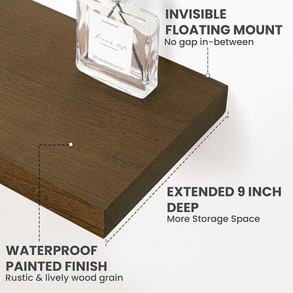 Solid Wood Floating Shelves For Wall, 24”W x 9”D x 1.56”H Large Wall Shelves for Living Room Bedroom Bathroom Kitchen Drcor Storage with Invisible Heavy-Duty Metal Bracket, Light Brown, Set of 2