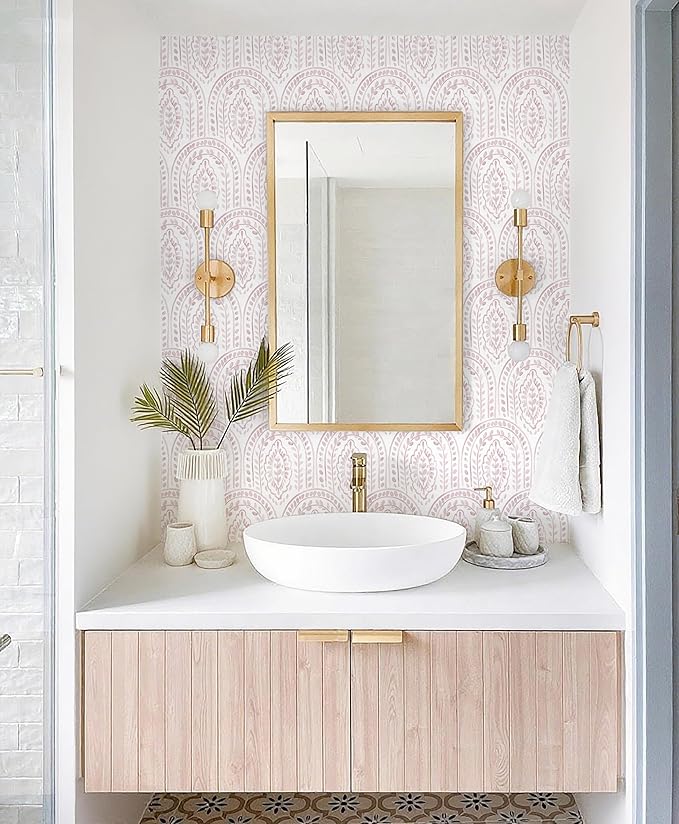 EeeComing Pink Peel and Stick Wallpaper Boho Wall Paper Peel and Stick Modern Contact Paper Self Adhesive Wallpaper for Bedroom and Bathroom Removable Cabinet Shelf Liner Vinyl 17.3”X197”