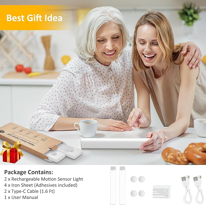 51-LED Motion Sensor Under Cabinet Lights, Magnetic Rechargeable Under Counter Closet Lighting, Wireless Light Bar Stick-On, 2-Pack, Warm White