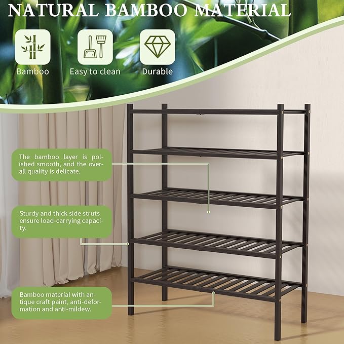 5 Tier Bamboo Shoe Rack for Closet Free Standing Wood Shoe Shelf for Entryway Small Space Stackable 27