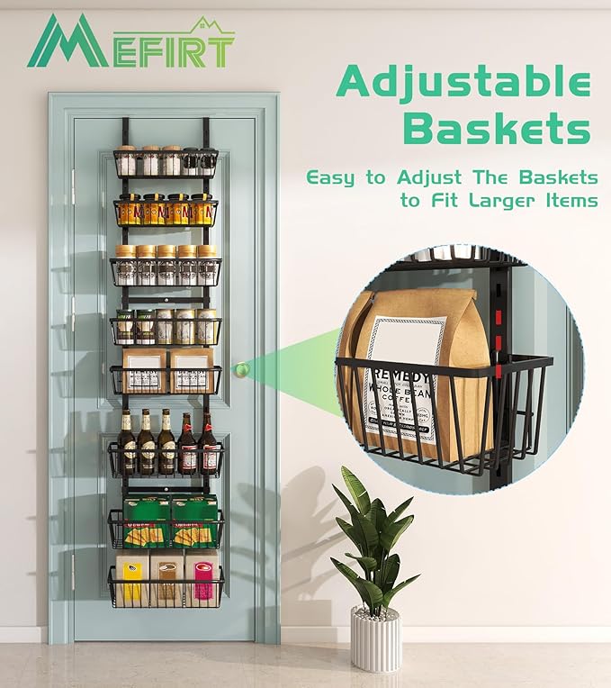 12 Inch Wide Narrow Over The Door Pantry Organizer, Pantry Organization and Storage, Black 8-Tier Metal Hanging Deep Basket Wall Spice Rack Seasoning Shelves, Home & Kitchen Essentials