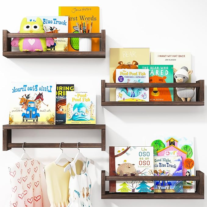 Fixwal Nursery Book Shelves, 16.5 Inch Floating Bookshelves for Nursery and Playroom Decor, Set of 4, Solid Wood Wall Mounted Shelves for Books and Toys Storage (Brown)
