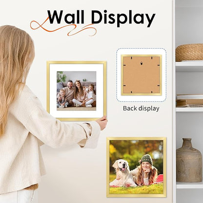FIXSMITH 12x12 Picture Frame Gold Set of 4, Photo Frame with HD Plexiglass, Display Pictures 8x8 with Mat or 12x12 Without Mat, Natural Picture Frames Collage Wall Decor, Gallary Wall Frame