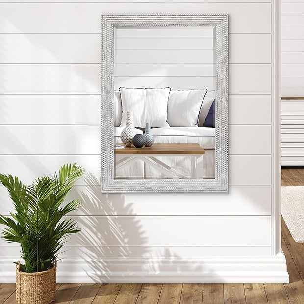 Americanflat 24x36 Wall Mirror - Hanging Mirrors with Durable Frame - Modern Mirror for Bathroom, Bedroom, Living Room - Mirrors for Wall Display and Home Decor - Metallic White with Beaded Texture