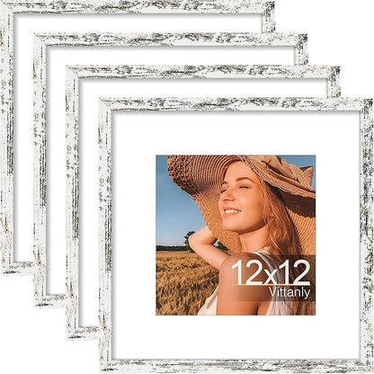 Vittanly 12x12 Picture Frames Set of 4, Display Pictures 8x8 with Mat or 12x12 without Mat, Gallery Frame for Wall Display, Engineered Wood with Shatter Resistant Plexiglass, Distressed White