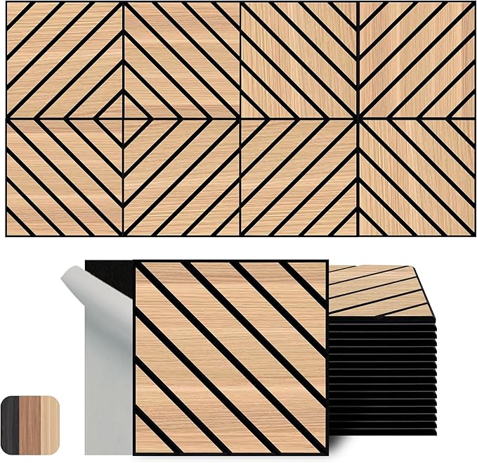 WoveN SounD Artisan Acoustic Wall Panels, 16 Pack 12x12 Inch, Wood Veneer Carved Sound Proof Wall Decor, Self-Adhesive for Home, Studio, Office & Focus Zones, Twill Pattern, Natural Oak